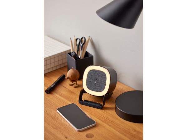 STILL Højttaler, mobiloplader, mobilholder og hyggelampe 4i1, 10,6 x 9,5 x 14,3 cm i sort